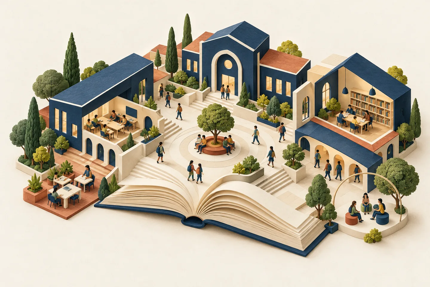 Conceptual illustration of a school campus growing from the pages of an open book