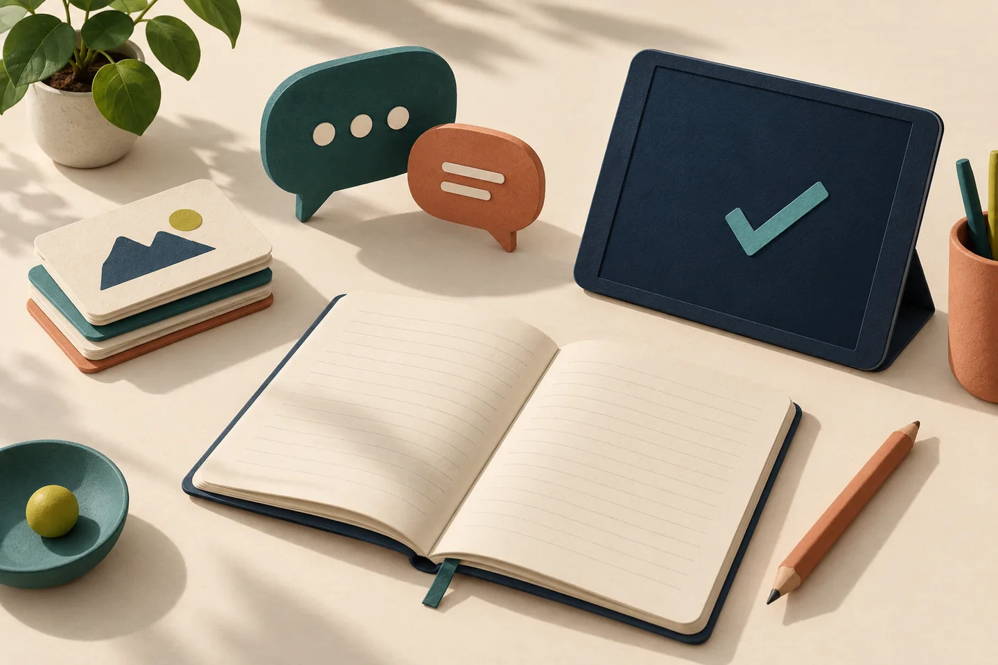 Concept illustration of a notebook, tablet and lesson cards